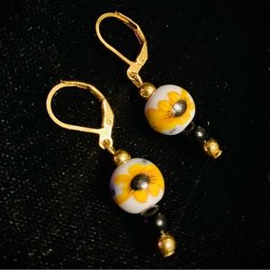 Porcelain Sunflower Bead Drop Dangle Lever Back Nickel-free Golden Earrings